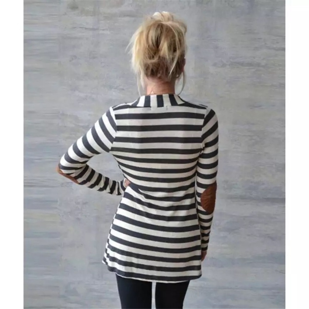 Gray & White Striped Cardigan with Elbow Patches - Picture 2 of 15
